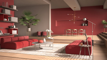 Modern living room in red tones, hall, open space with parquet oak floor with steps, sofa, carpet and coffee tables, dining table with chairs and lamps, minimal interior design