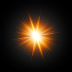 Light flare on black background. Holiday glowing backdrop. Lens flare, glow light effect. Night glow effect. Disco design. Christmas decoration. Bright glowing star. Vector illustration.