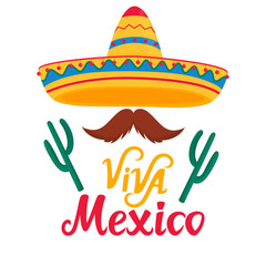 Viva Mexico hand drawn lettering. Banner with sombrero, cactus and mustache