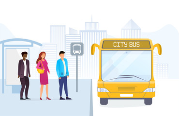 People on the bus stop standing in line to enter arriving yellow bus. City public transportation means concept