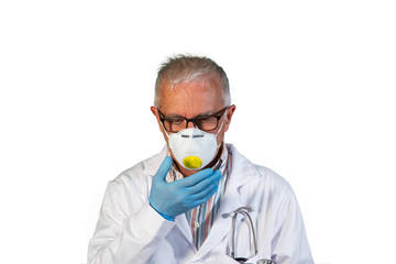 A doctor coughs protected by an anti-virus mask.