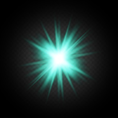 Light flare on black background. Holiday glowing backdrop. Lens flare, glow light effect. Night glow effect. Disco design. Christmas decoration. Bright glowing star. Vector illustration.