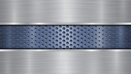 Background of blue perforated metallic surface with holes and two horizontal silver polished plates with a metal texture, glares and shiny edges
