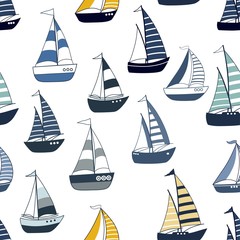 Marine seamless pattern with cartoon boats