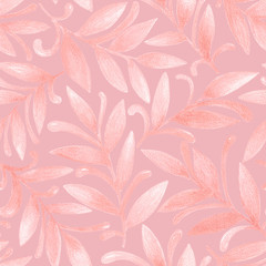 Abstract hand drawn watercolor seamless pattern of pink leaves, branches, curls, flowing lines. Floral illustration for greeting card, invitation, wallpaper, wrapping paper, fabric, textile, packaging
