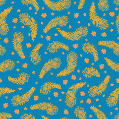 Vector seamless pattern with feathers and flowers