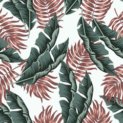 Abstract seamless tropical pattern with bright plants and leaves on a white background. Vector design. Jungle print. Floral background.  Summer colorful hawaiian.