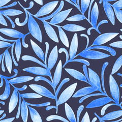 Abstract hand drawn watercolor seamless pattern of blue leaves, branches, curls, flowing lines. Floral illustration for greeting card, invitation, wallpaper, wrapping paper, fabric, textile, packaging