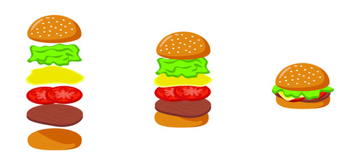 Vector ingredients for a classic Burger isolated on white. Ingredients: bun, cutlet, cheese, tomato, lettuce. Fast food ingredient for burgers.