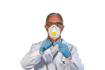 A doctor, protected by an anti-virus mask, counts with his fingers the ways to protect against viruses.