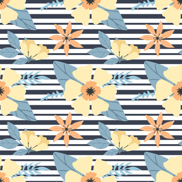 Seamless Floral Pattern With Bright Hawaiian Flowers On Black Stripes. Yellow Flowers Print For Textile, Clothes, Apparel. Vector Illustration EPS 10