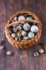 Close up of colorful Easter eggs in a basket