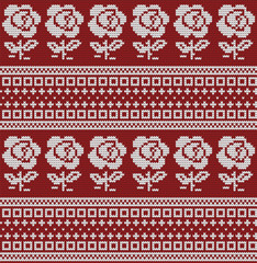 Knitted seamless pattern roses and fair isle stripes