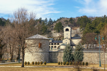 Montenegro. View of Cetinje city on sunny winter day. Ancient Cetinje Monastery