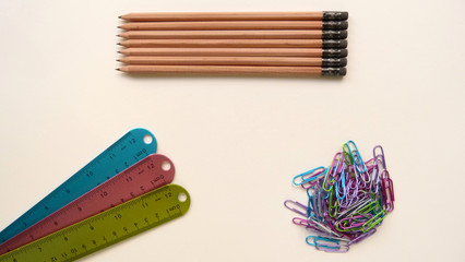 Pencils, Rulers and Paper Clips on a White Background | Back To School Supplies