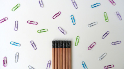 Pencils with Colorful Paper Clips on a White Background | Back To School Supplies