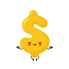 Cute happy dollar sign meditate in yoga pose