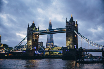 Fototapeta na wymiar Blue hour view of London Tower Bridge and the Shard.