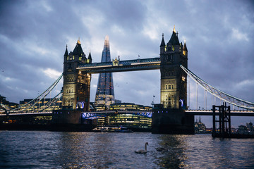 Evening blue hour view of Tower Bridge, famous, iconic tourist attraction, symbol of London