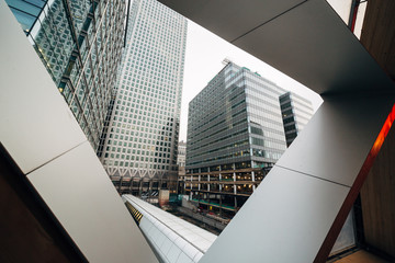 View from Crossrail Place on Adams Plaza with skyscrapers, location London, UK, Canary Wharf...