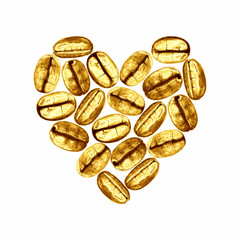 Golden coffee beans in shape of heart isolated on white background.
