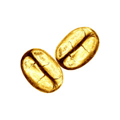 Golden coffee beans set isolated on white background. Hand drawn yellow gold illustration.