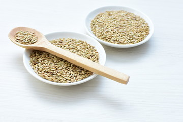 Seed of birdseed, food for birds, displayed in containers on white wooden background