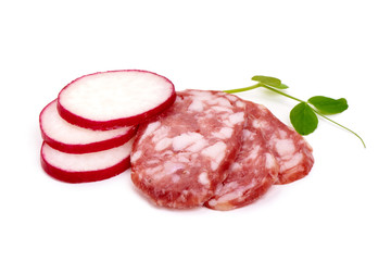 Dried pork Sausage slices, Dry-cured meat, isolated on white background