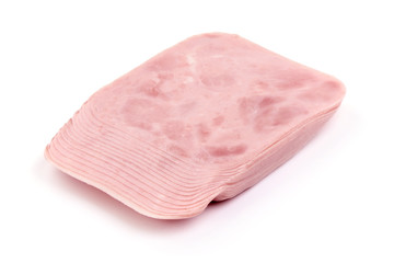 Sliced boiled ham sausage, isolated on white background