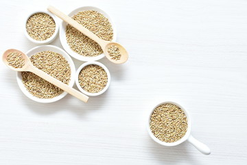 Seed of birdseed, food for birds, displayed in containers on white wooden background
