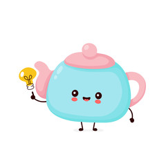 Cute happy smiling teapot with light bulb