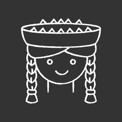 Peruvian girl chalk white icon on black background. Cute smiling woman head with pigtails in traditional hat. Latin american national headdress. Local Peru child. Isolated vector illustration