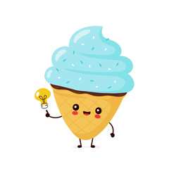 Cute happy smiling ice cream cone with light bulb