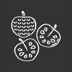 Cherimoya chalk white icon on black background. Delicious custard apple. Annona cherimola. Sweet ripe tropical fruit. Healthy vegan diet. Exotic organic product. Isolated vector illustration