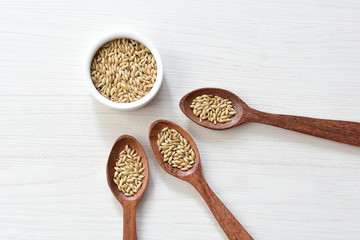 Seed of birdseed, food for birds, displayed in containers on white wooden background