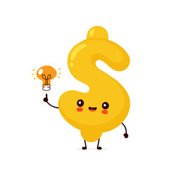 Cute happy dollar sign character with light bulb