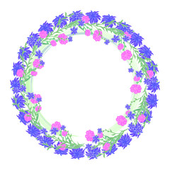 Round flower frame. Imitation of a watercolor drawing. Frame for greeting cards isolated on a white background.