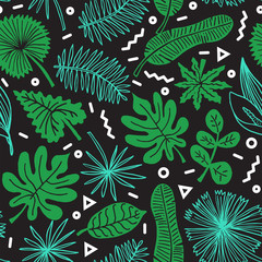 Vector seamless pattern with tropical leaves and nature