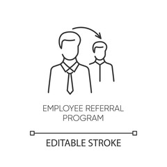 Employee referral program pixel perfect linear icon. Thin line customizable illustration. Workforce search, referal recruitment contour symbol. Vector isolated outline drawing. Editable stroke