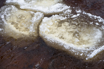 Roundish ice plates in partially frozen river. Dangerous surface to step on. Winter day in small Nordic country Estonia. North Europe.