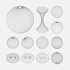 Wireframe earth grid mesh objects set. Network line, HUD design spheres set. Isolated on white background - obrazy, fototapety, plakaty