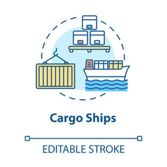 Cargo ship concept icon. Freight product distribution. Boat shipment. Marine logistic. Water vessel delivery idea thin line illustration. Vector isolated outline RGB color drawing. Editable stroke