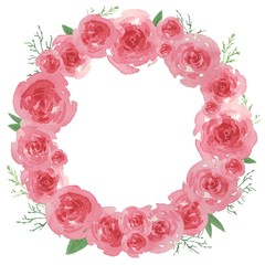 Watercolor garden roses wreath. Round frame with pink roses, plants, fern. Hand drawn illustration