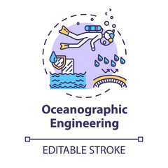Oceanographic engineering concept icon. Exploring underwater ecosystem. Biologist in ocean. Oceanography idea thin line illustration. Vector isolated outline RGB color drawing. Editable stroke