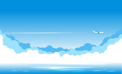 Obraz na płótnie Canvas Blue sky with clouds and an airplane flying over the blue sea. Airliner over the ocean. Illustration, vector