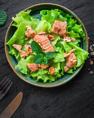 fish salad canned salmon or tuna (lettuce and other ingredients) menu concept background. top view. copy space for text