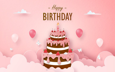 Chocolate Strawberry Cake with balloon on birthday greeting card, Paper cut style