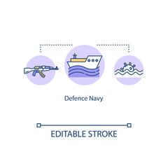 Defence navy concept icon. Military service ship. Country protection water forces. Weapon on boat idea thin line illustration. Vector isolated outline RGB color drawing. Editable stroke