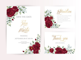 wedding invitation card with red roses, watercolor, leaves and golden geometric frame. Floral Trendy templates for banner, flyer, poster, greeting. Vector illustration. eps10