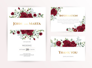 Fototapeta na wymiar wedding invitation card with red roses, watercolor, leaves and golden geometric frame. Floral Trendy templates for banner, flyer, poster, greeting. Vector illustration. eps10